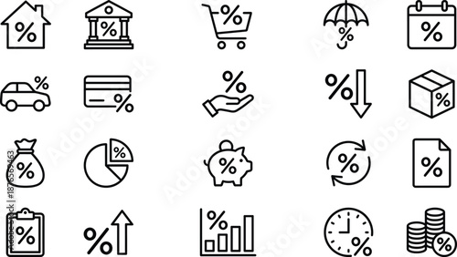 Financial Percentage and Interest Rate Outline Icons for Banking, Real Estate, and Sales