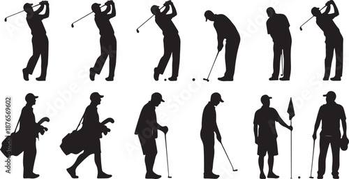 Golf Player Silhouettes Collection Showing Different Poses and Actions vector