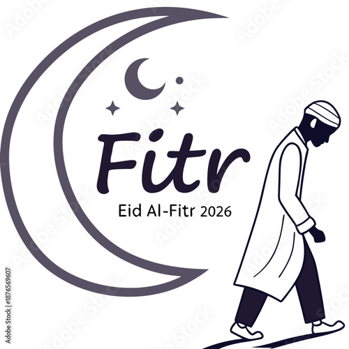 Man walking under crescent moon during Eid Al-Fitr celebration illustration