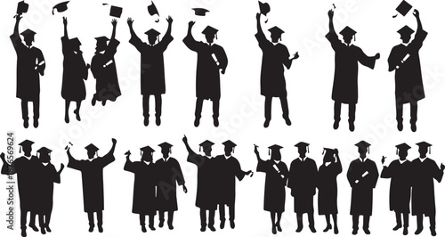 Group of Graduation Silhouettes Celebrating with Caps and Diplomas Thrown in the Air Keywords: graduation, graduate, diploma, cap, gown, ceremony, education, achievement, success, celebration