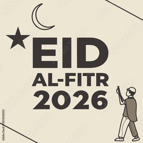 Man gazes at crescent moon and star on Eid al-Fitr 2026 greeting card illustration
