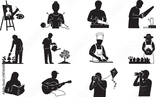 People Engaged in Hobbies and Activities Silhouettes vector illustration