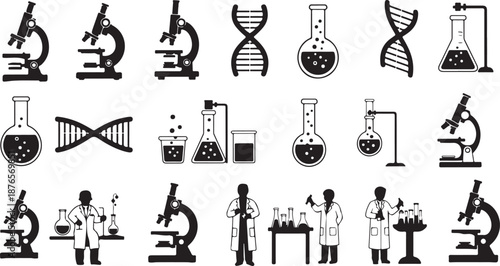 Science and research icons with microscopes DNA strands beakers and scientists laboratory