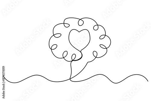 Continuous one line drawing of heart and brain showing emotional intelligence concept
