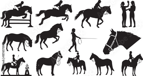 Silhouette collection of equestrian activities and horse breeds horse riding horse jumping