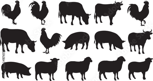Silhouette collection of farm animals including cows, roosters, pigs, and sheep livestock bull