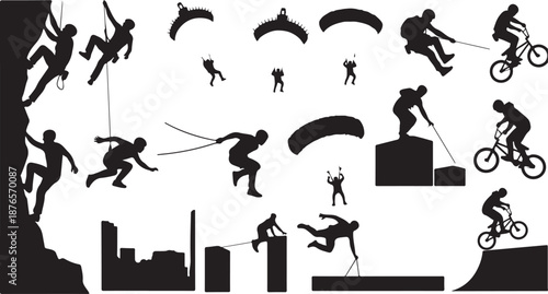 Silhouette collection of extreme sports and urban activities rock climbing rappelling