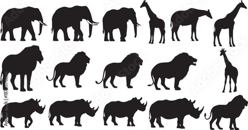 Silhouettes of African safari animals including elephants giraffes lions and rhinos rhinoceros