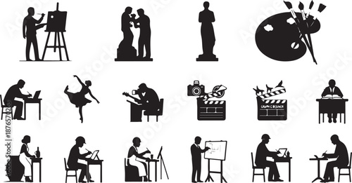 Silhouettes of artists and creative professionals engaged in various art forms on a white background