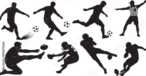 Silhouettes of athletes playing soccer and American football including players kicking balls and a referee Keywords: soccer football american football athletes silhouettes players kicking ball