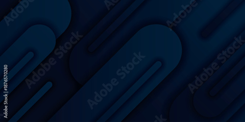 Dark blue abstract background with overlapping 3D curved geometric designs. Dynamic horizontal shape design for covers, banner, brochure, presentation, certificate and website. VOL. 3