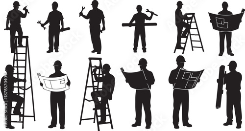 Silhouettes of Construction Workers with Tools and Blueprints on Ladders Keywords: construction, worker, silhouette, builder, architect, engineer, blueprint, ladder, tools, wrench, hammer, hard