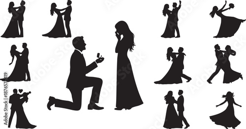 Silhouettes of Couples in Romantic Poses and a Marriage Proposal love romance