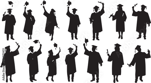 Silhouettes of graduating students celebrating with diplomas and caps Keywords: graduation silhouettes students graduates cap and gown diploma celebration academic achievement commencement ceremony