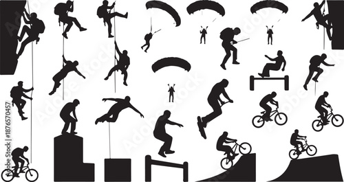 Silhouettes of extreme sports athletes engaged in various activities Keywords: extreme sports silhouettes rock climbing rappelling skydiving paragliding mountain biking BMX cycling parkour action