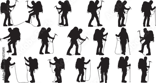 Silhouettes of hikers with ice axes and backpacks climbing mountains on white background mountaineer