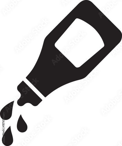 Ketchup bottle icon tilted and pouring drops in clean solid silhouette design