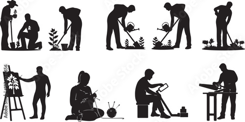 Silhouettes of People Engaged in Hobbies and Activities gardening painting