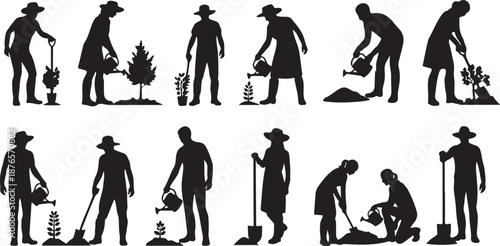 Silhouettes of people gardening planting watering and tending to plants and trees vector illustration