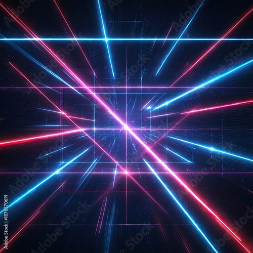 Exploding perspective grid of neon red and blue laser beams in futuristic sci-fi space tunnel