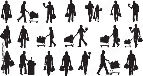 Silhouettes of people shopping with shopping bags and carts vector illustration