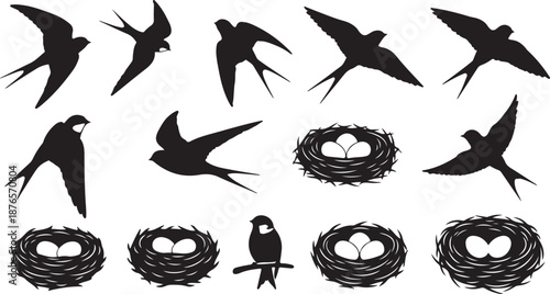 Silhouettes of swallows in flight nests with eggs and a bird on a perch on white background flying