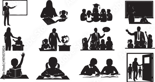 Silhouettes of Teachers and Students in Various Classroom Scenarios education learning