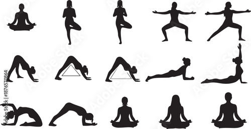 Silhouettes of women performing various yoga poses on a white background Keywords: yoga, woman, silhouette, pose, exercise, fitness, health, wellness, flexibility, stretching, meditation, balance