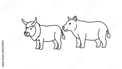 Two cartoon farm animals, bull and pig, line art illustration