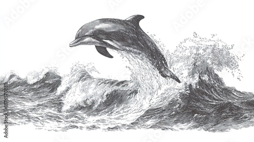Vintage engraving sketch of dolphin leaping out of stormy ocean waves with detailed splash and motion