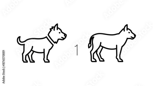 Two dogs outlined, one with collar, number 1, simple line art illustration