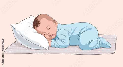 Cute baby sleeps soundly on their stomach on a soft pillow, depicting a peaceful and quiet moment of infant rest and relaxation.