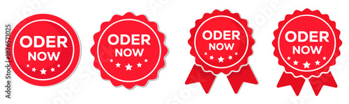Order now sticker set, Vector collection of order now red stickers, Order Now label vector illustration isolated on white background.