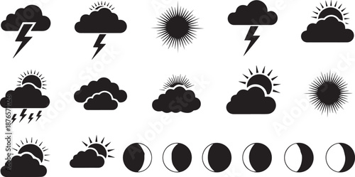 Weather icons and moon phases in black silhouette on white background cloud lightning