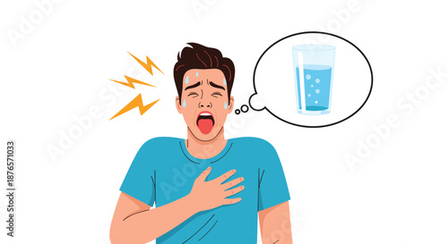 Man gasps for breath and sweats while thinking about a glass of water, depicting the severe physical symptoms of dehydration.