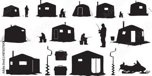 Winter Ice Fishing Scene with Silhouettes of Shelters, Fishermen, and Snowmobile Keywords: ice fishing, winter, fishing, shelter, tent, hut, fisherman, angler, fishing rod, ice drill, auger