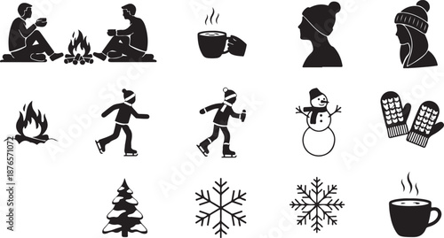 Winter themed black and white silhouette icons including people ice skating, a snowman, and hot drinks