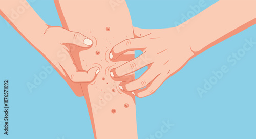 Close up view of hands scratching a red and itchy skin rash on a leg, illustrating symptoms of an allergy, eczema, or insect bite.