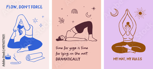 Hand drawn yoga poses posters set with motivational quotes 