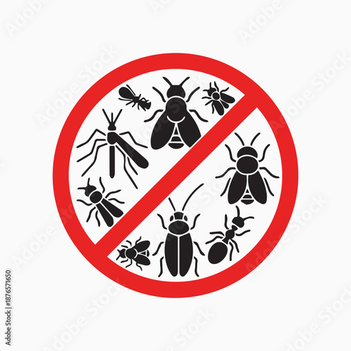 Pest Control Prohibition: A bold circular symbol serves as a stark warning against the presence of pests, featuring a variety of insects, emphasizing the need for effective pest control measures.