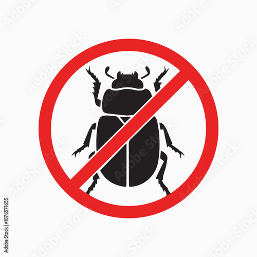 Pest Control Prohibition Sign: An illustrative, straightforward sign with a bold graphic of a beetle enclosed within a red circle bisected by a diagonal bar.