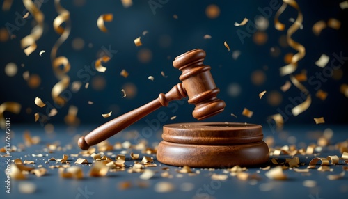 Legal Triumph: A ceremonial gavel rests proudly atop its wooden base, set against a backdrop of shimmering confetti, representing the victory and authority of justice. 