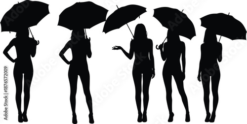 Set of fashion woman silhouettes holding umbrellas in various poses, black female figures vector illustration for autumn rain, weather concepts, and lifestyle design.