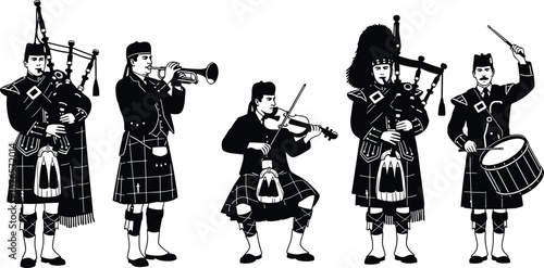 Traditional Scottish band musicians in kilts playing bagpipes, trumpet, violin, and drums, black and white vector illustration for Celtic culture and music festivals.
