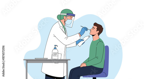 Healthcare worker in full protective gear performs a nasal swab test on a patient to check for a viral infection.