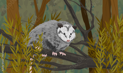 Virginia opossum sits on a tree branch in dark, dense forest. North American opossum. Realistic vector landscape.