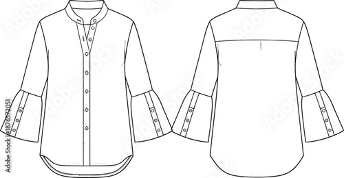 Women's button-up blouse with mandarin collar and flared bell sleeves, front and back view, technical fashion flat sketch vector illustration.Women's button-up blouse with mandarin colla