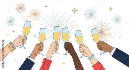 Diverse group of people raise their champagne glasses for a celebratory toast with colorful fireworks in the background.