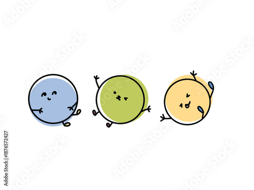 Three adorable cartoon circles with arms and legs cheerfully jumping and playing in a fun, simple illustration with a white background