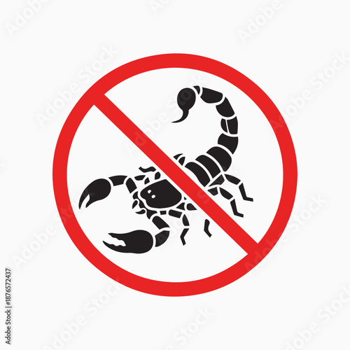 Scorpion Warning: A striking emblem warns against the presence of a scorpion, emphasizing the importance of safety and awareness, encircled within a bold, red circle with a diagonal slash.